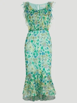 Aisha Ruffled Floral Silk Midi-Dress