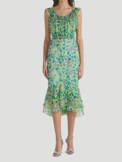 Aisha Ruffled Floral Silk Midi-Dress