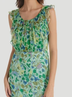 Aisha Ruffled Floral Silk Midi-Dress