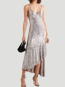 Asymmetric Sequined Tulle Midi Dress