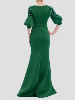 Beaded Full Sleeve Gown in Emerald
