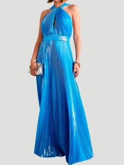 Blue Pleated Metallic Halter Midi Dress