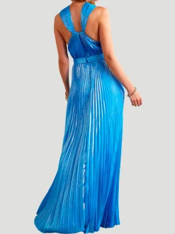 Blue Pleated Metallic Halter Midi Dress