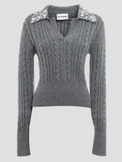 Cable-Knit Wool-Blend Polo Sweater with Crystal Embellishments