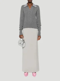 Cable-Knit Wool-Blend Polo Sweater with Crystal Embellishments