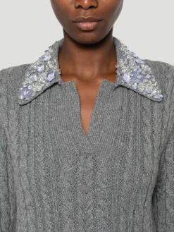 Cable-Knit Wool-Blend Polo Sweater with Crystal Embellishments
