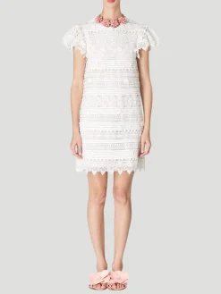 Carolina Herrera Embroidered Mini Shift Dress with Ruffle Sleeves