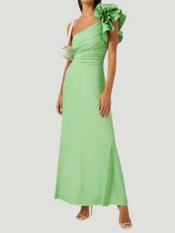 Celia One Shoulder Ruffled Maxi Dress in Green