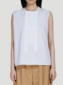 Cotton Poplin Sleeveless Pleated-Front Top
