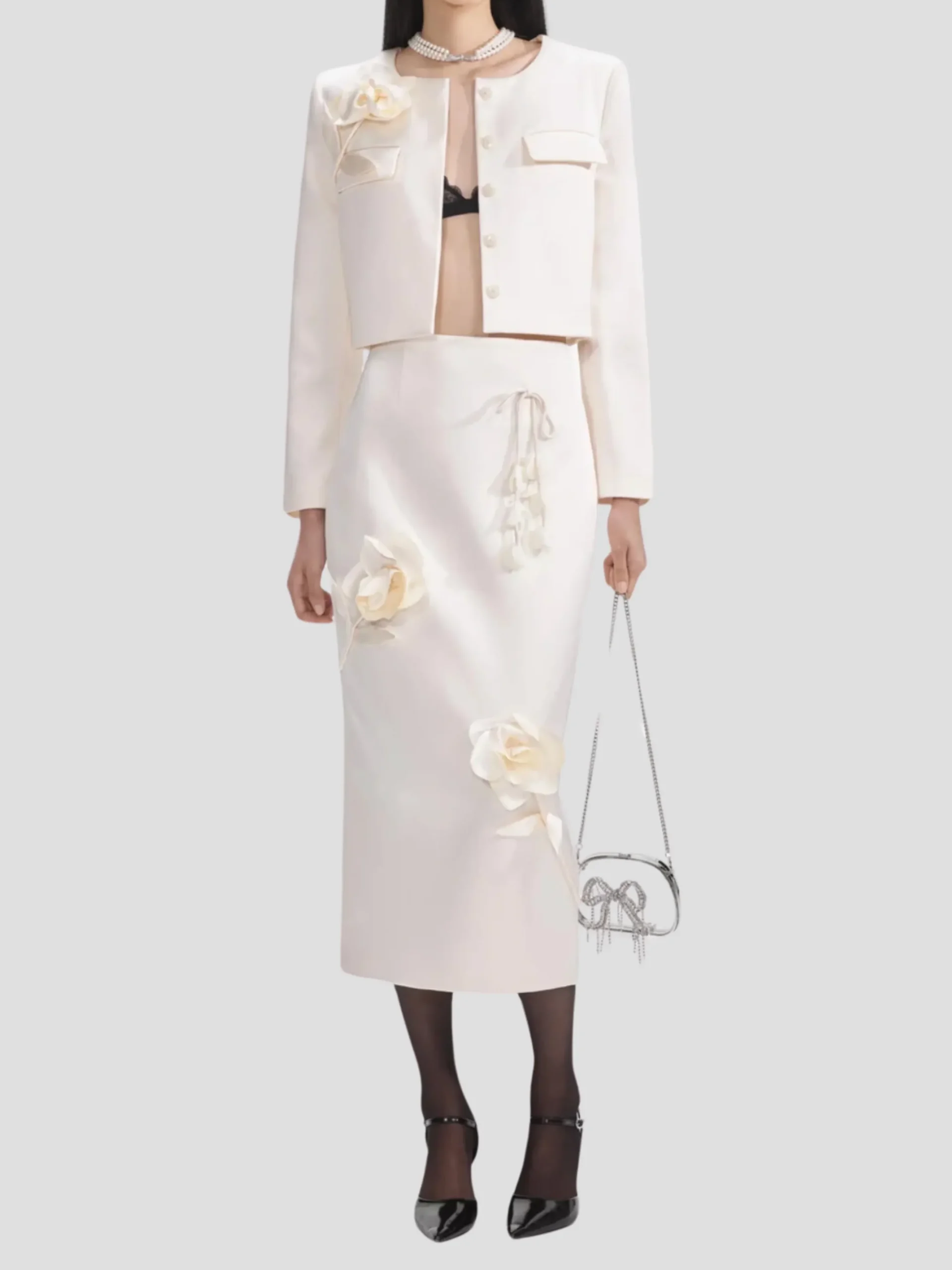 Cream 3D Flower Satin Jacket