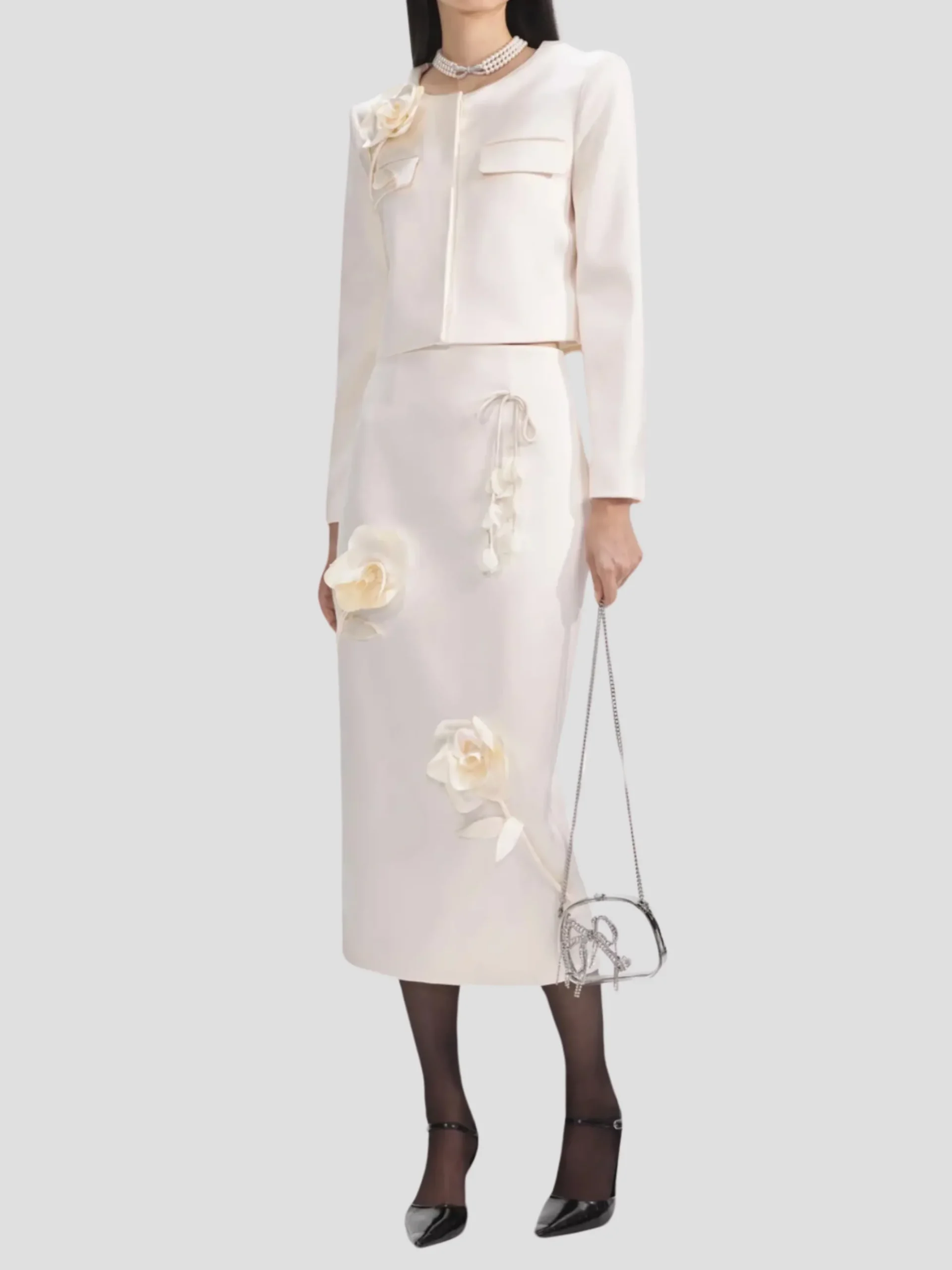 Cream 3D Flower Satin Jacket