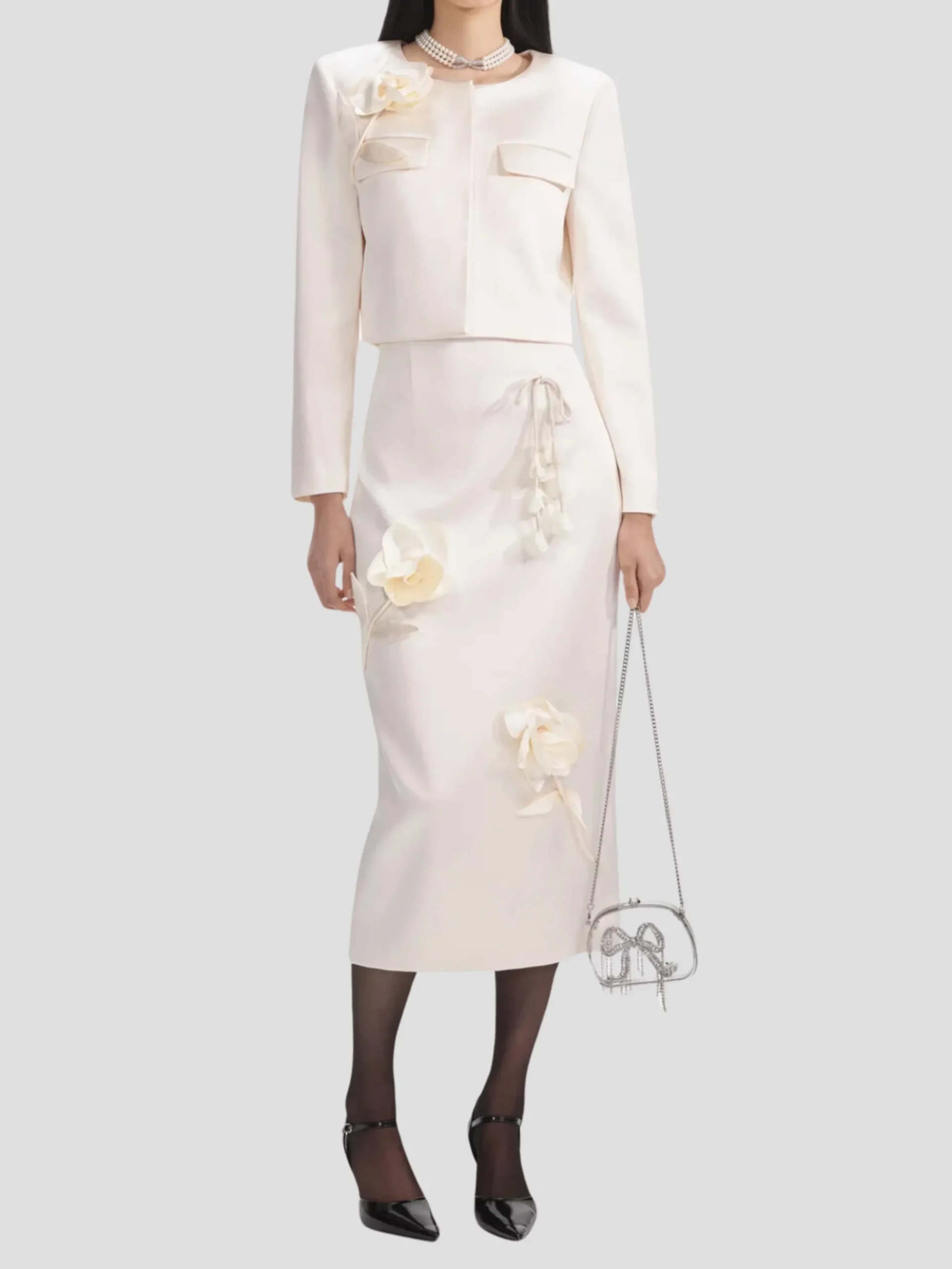 Cream 3D Flower Satin Jacket