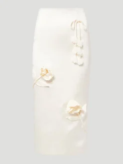 Cream 3D Flower Satin Midi Skirt