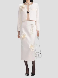 Cream 3D Flower Satin Midi Skirt