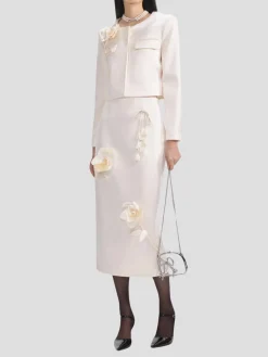 Cream 3D Flower Satin Midi Skirt