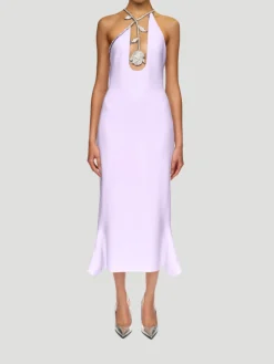 Crystal Rose Flower Embroidered Chest Midi Flounce Dress