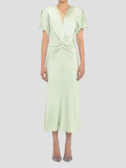 Gathered V-Neck Midi Dress in Jade