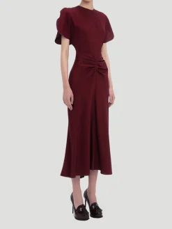 Gathered Waist Midi Dress in Port