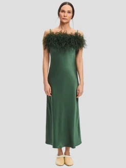 Green Boheme Feather-trimmed Satin Maxi Dress