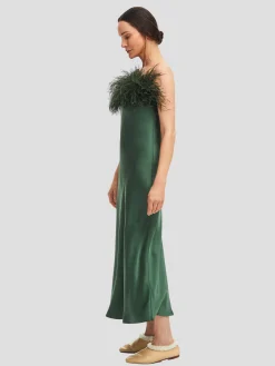 Green Boheme Feather-trimmed Satin Maxi Dress
