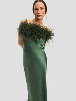 Green Boheme Feather-trimmed Satin Maxi Dress