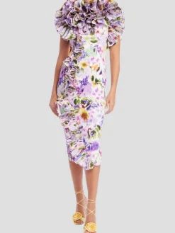 Hi Neck Print Ruffle Dress in Lilac
