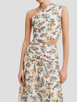 Joslin One-Shoulder Floral Silk Dress