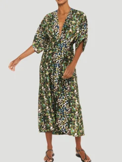 Katherine Dress in Green Leopard Printed Silk