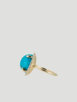 14k Yellow Gold with Turquoise Cabochon & Side Diamond Channel Ring