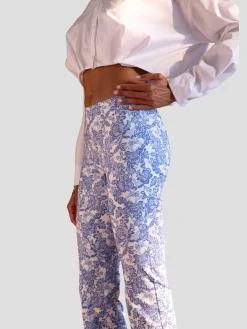 Leo Crop Paisley Flare Pant in White and Blue