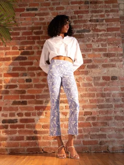 Leo Crop Paisley Flare Pant in White and Blue