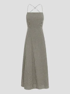 Lori Gingham Cross-Over Strap Midi Dress