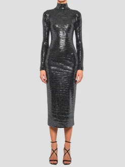 Metallic Jersey Midi Turtleneck Dress
