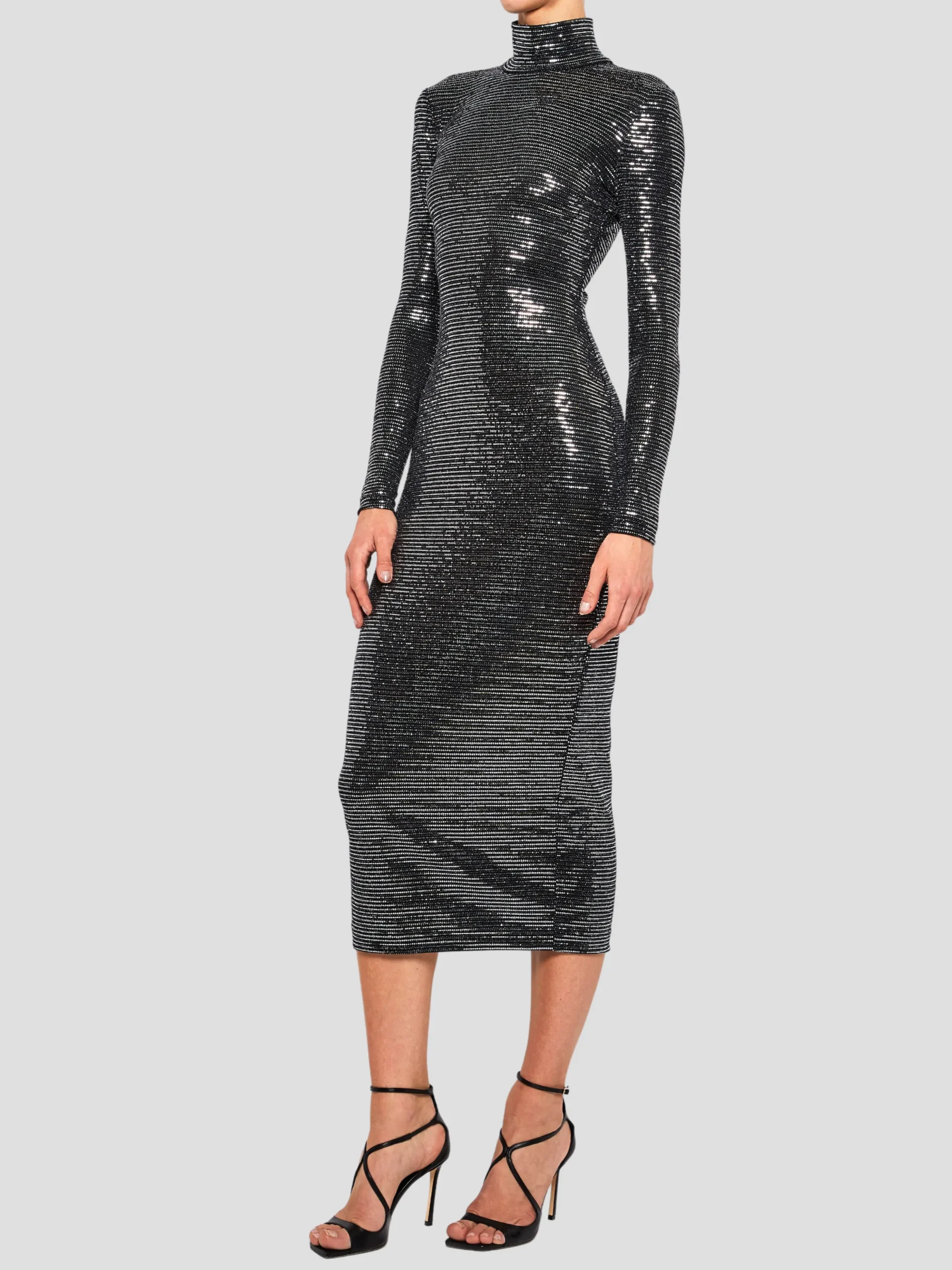 Metallic Jersey Midi Turtleneck Dress
