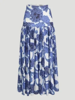 Napoli Floral Linen Skirt in Blue and White