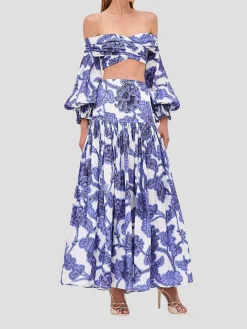 Napoli Floral Linen Skirt in Blue and White