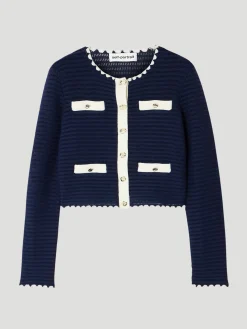 Navy Crochet Contrast-Trim Cardigan