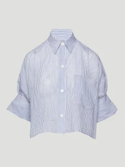 Next Ex Silk Cotton Cropped Shirt in Navy Stripe