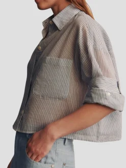 Next Ex Silk Cotton Cropped Shirt in Navy Stripe