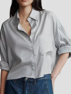 Next Ex Silk Voile Cropped Shirt in Indigo Metallic Stripes