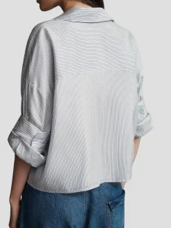 Next Ex Silk Voile Cropped Shirt in Indigo Metallic Stripes