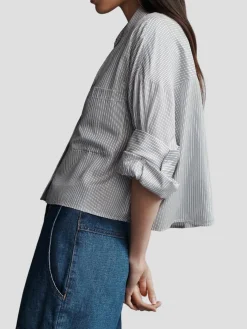 Next Ex Silk Voile Cropped Shirt in Indigo Metallic Stripes