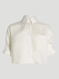 Next Ex Silk Voile Cropped Shirt in Gold Stripe