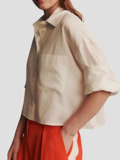 Next Ex Silk Voile Cropped Shirt in Gold Stripe