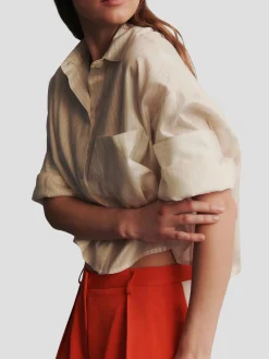 Next Ex Silk Voile Cropped Shirt in Gold Stripe