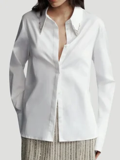 Object of Affection Stretch Satin Shirt with Crystal Collar in White
