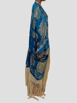 Ocean Blues Metallic Silk Lame Cocoon With Fringe and Vintage Blue Clasp