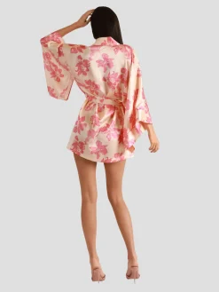 Papillon Et Orchid Silk Kimono in Blush Rose Print