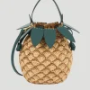 Pineapple Leather-Trimmed Raffia Bucket Bag