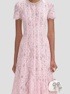 Pink Lace Embellished Midi Dress